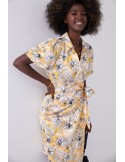 Floral print wrap dress with a collar, yellow FG638 - Online store - Boutique